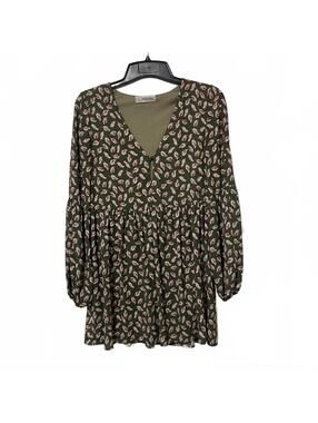 Callie Mac Cottagecore Flowy Romantic Green Leaf Print Long Sleeve Dress XL